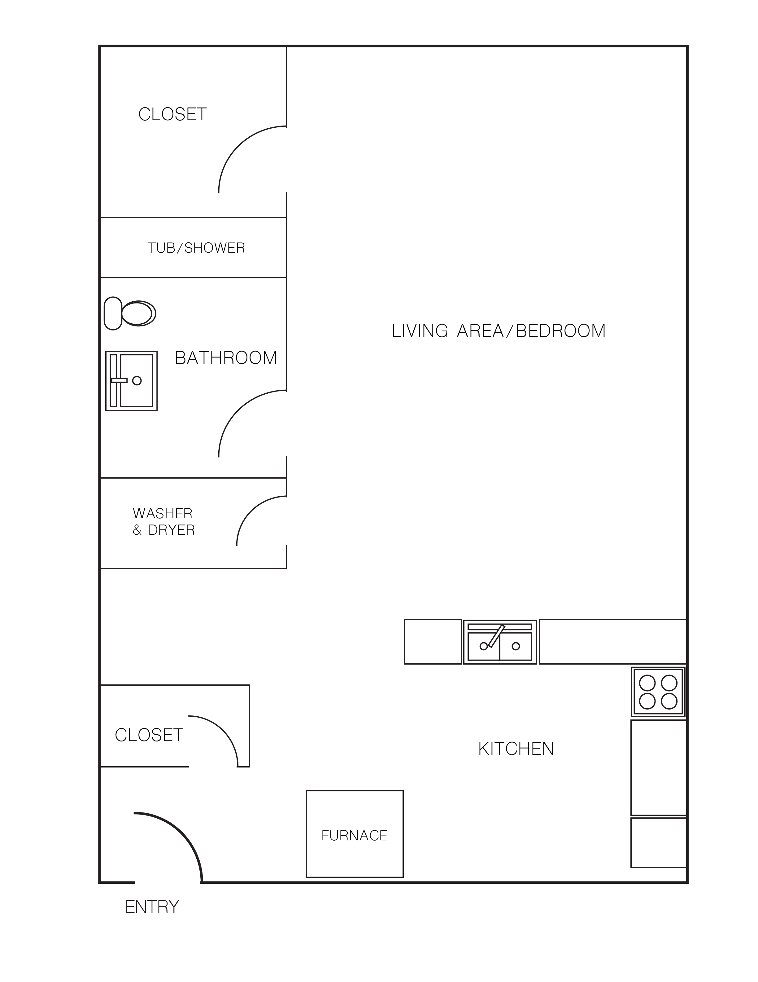 Floor plan for studio, 1 bath, 425 sqft